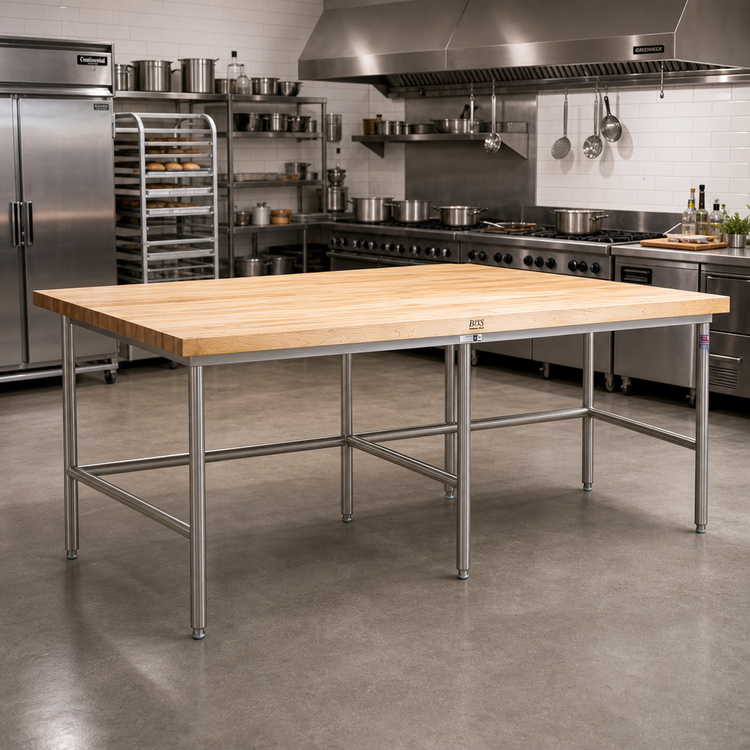 Product image #2 for John Boos Welded Baker's Table Frame for 144 x 48 Inch Top, Stainless Steel Legs and Bullet Feet