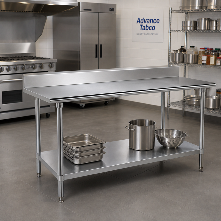 Product image #2 for Advance Tabco 108-Inch x 24-Inch Stainless Steel Work Table with 5-Inch Backsplash and Adjustable Galvanized Undershelf