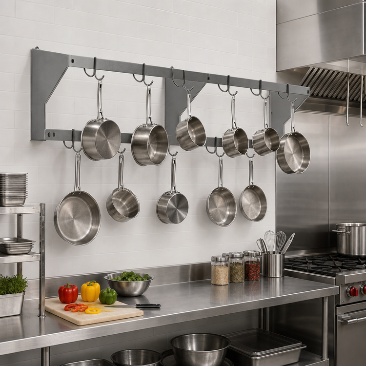 Product image #2 for Eagle Group WM72PR Wall-Mounted Stainless Steel Double-Bar Pot Rack with 12 Hooks, 72 Inch