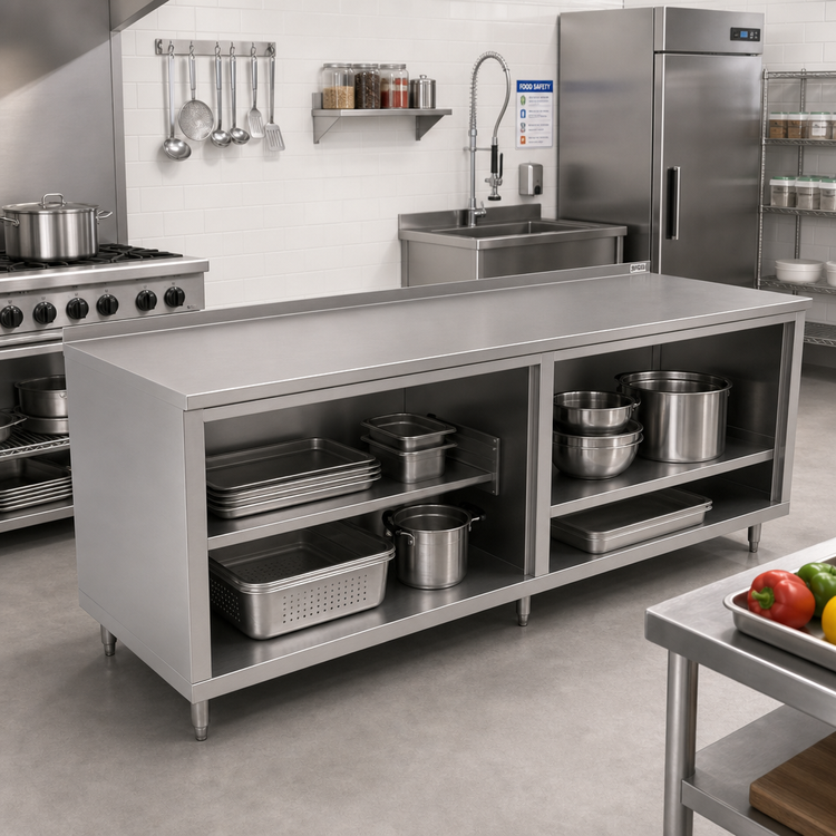 Product image #2 for John Boos 132-Inch x 30-Inch Open Front Cabinet Base Work Table, 14-Gauge Stainless Steel Top, 1-1/2-Inch Rear Riser