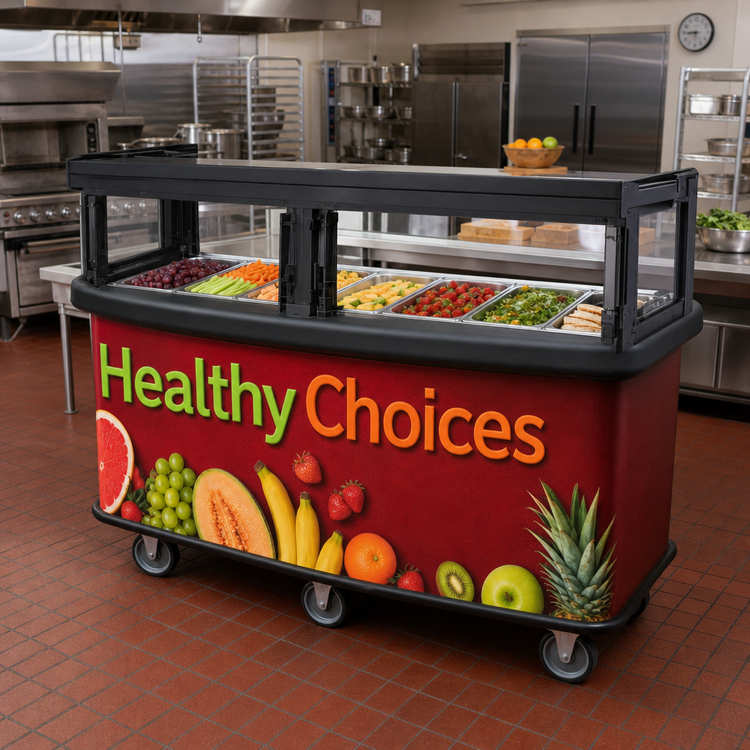 Product image #2 for Cambro CVC75W11 Open-Well Vending Cart with Safety Barrier, 5 Full-Size Pan Capacity, 75 Inch Wide, Red Wrap