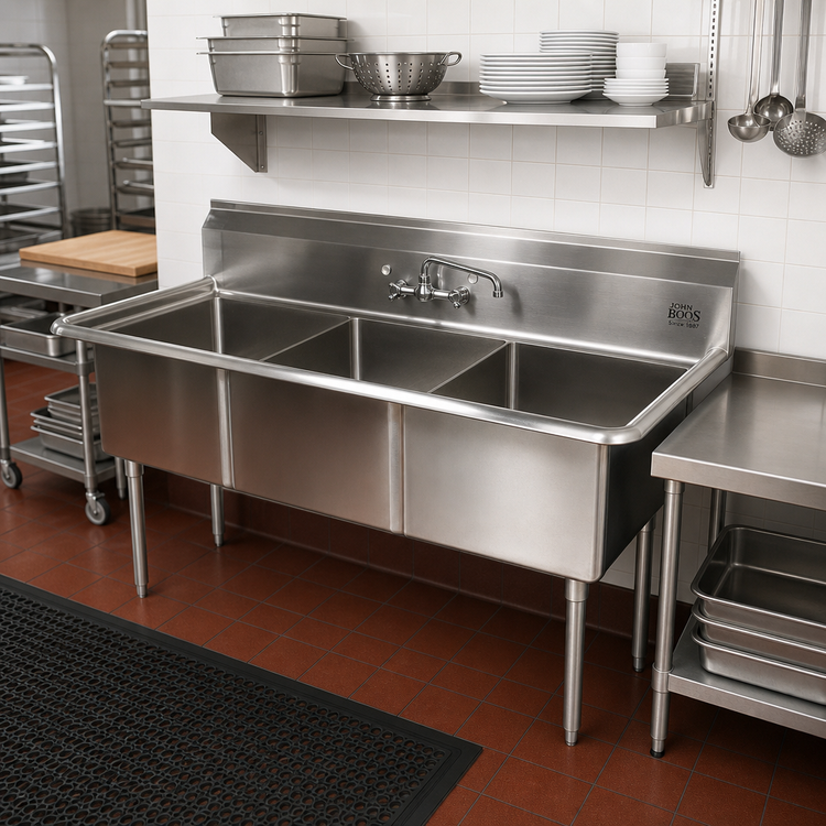 Product image #2 for John Boos E-Series 3-Compartment Stainless Steel Sink with Boxed Backsplash, 77 Inch W x 29-1/2 Inch D, 14 Inch Deep Compartments