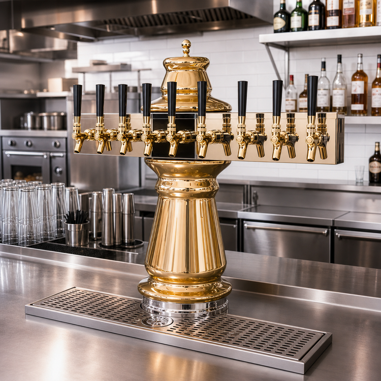 Product image #2 for Glastender Vienna 8-Faucet Air-Cooled Draft Dispensing Tower with Surface-Mount Drain Pan, Polished Brass
