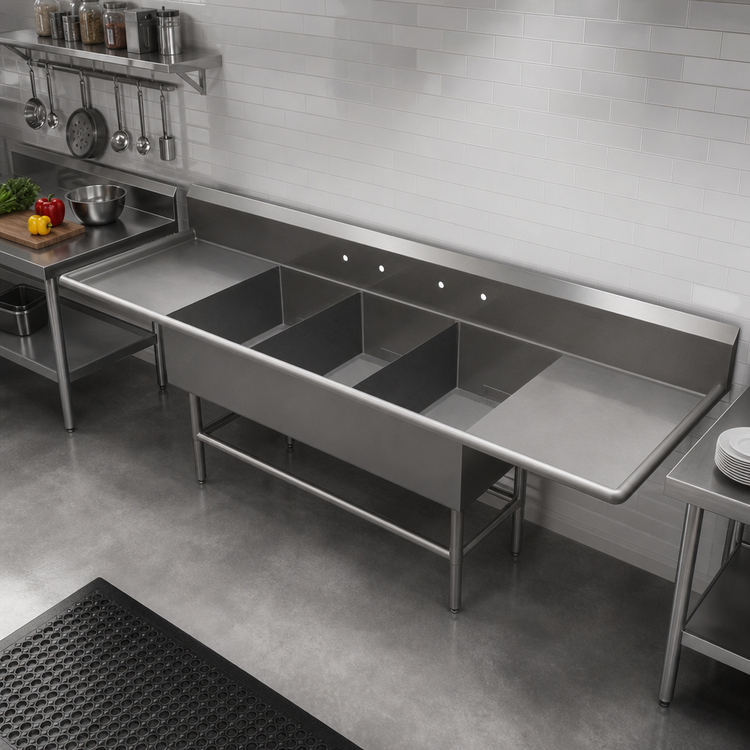Product image #2 for John Boos Pro-Bowl 3-Compartment Sink with Dual 30-Inch Drainboards, 135-1/4-Inch Wide, 14-Gauge Stainless Steel
