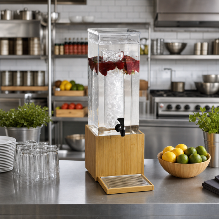 Product image #2 for Cal-Mil Bamboo Collection 1.5 Gallon Acrylic Beverage Dispenser with Ice Chamber and Drip Tray