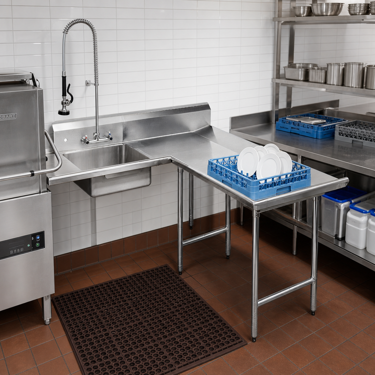 Product image #2 for Advance Tabco L-Shaped Right-Hand Dishlanding Soil Dishtable with Landing and Pre-Rinse Sink, 119-Inch Long, 16-Gauge 304 Stainless Steel