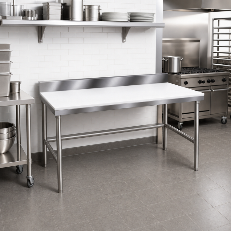 Product image #2 for Advance Tabco Poly-Vance 48 Inch x 30 Inch Poly-Top Work Table with 6 Inch Stainless Steel Backsplash and Stainless Steel Base
