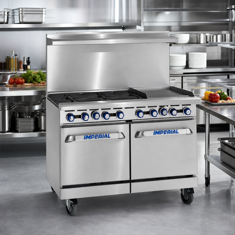 Product image #2 for Imperial Pro Series 48-Inch Gas Restaurant Range with 6 Open Burners, 12-Inch Griddle, and 2 Space Saver Ovens