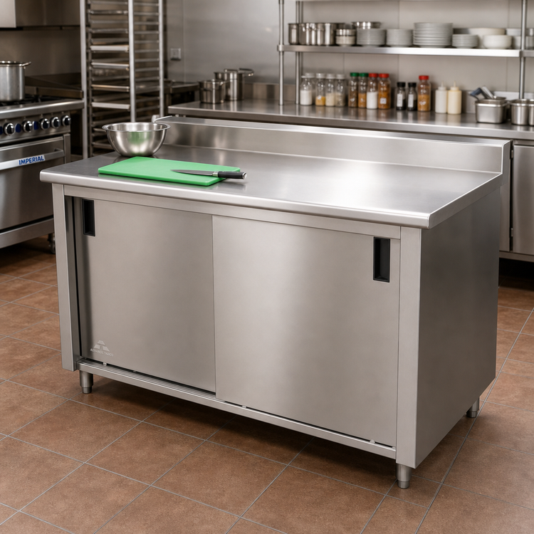 Product image #2 for Advance Tabco 60 Inch x 24 Inch Enclosed Work Table with Cabinet Base, Sliding Doors, and 5 Inch Backsplash