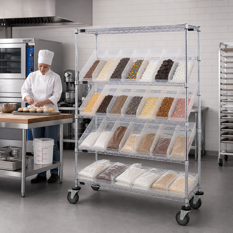 Product image #2 for Quantum Slanted Shelf Cart with 28 Clear Bins, 1,200 lb. Capacity, Chrome-Plated Finish