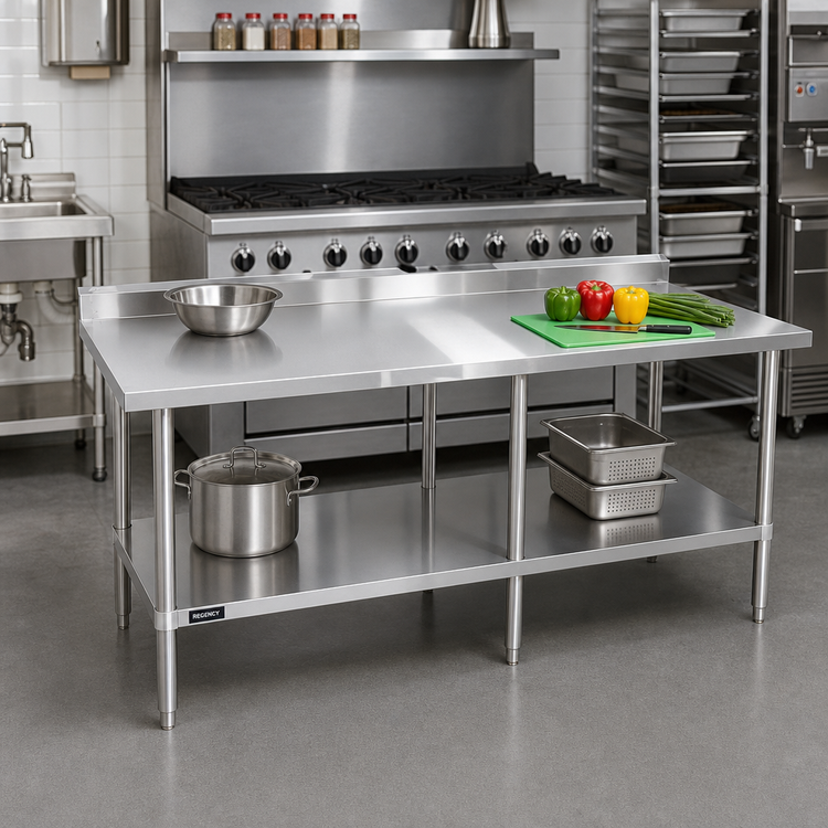 Product image #2 for Sapphire 84-Inch x 30-Inch Stainless Steel Work Table with 5-Inch Backsplash, Beveled Square Edge and Adjustable Undershelf