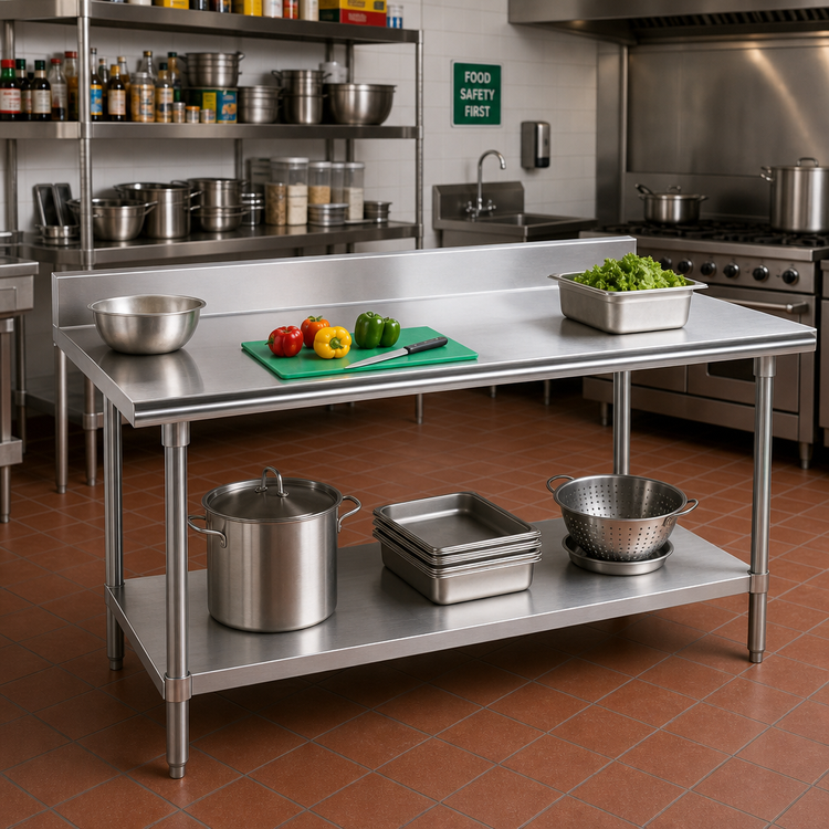Product image #2 for Advance Tabco 84-Inch x 24-Inch Stainless Steel Work Table with 5-Inch Backsplash and Adjustable Undershelf