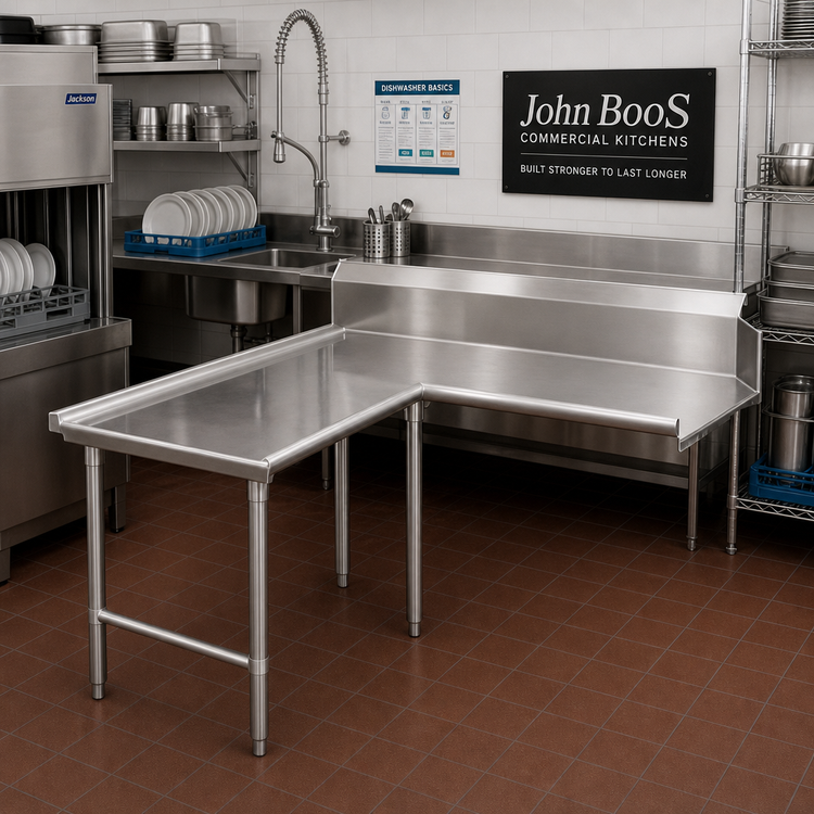 Product image #2 for John Boos Pro-Bowl L-Shaped Island Clean Dishtable, 60-Inch Machine-to-Corner, 120-Inch Corner-to-End, Right-to-Left Operation
