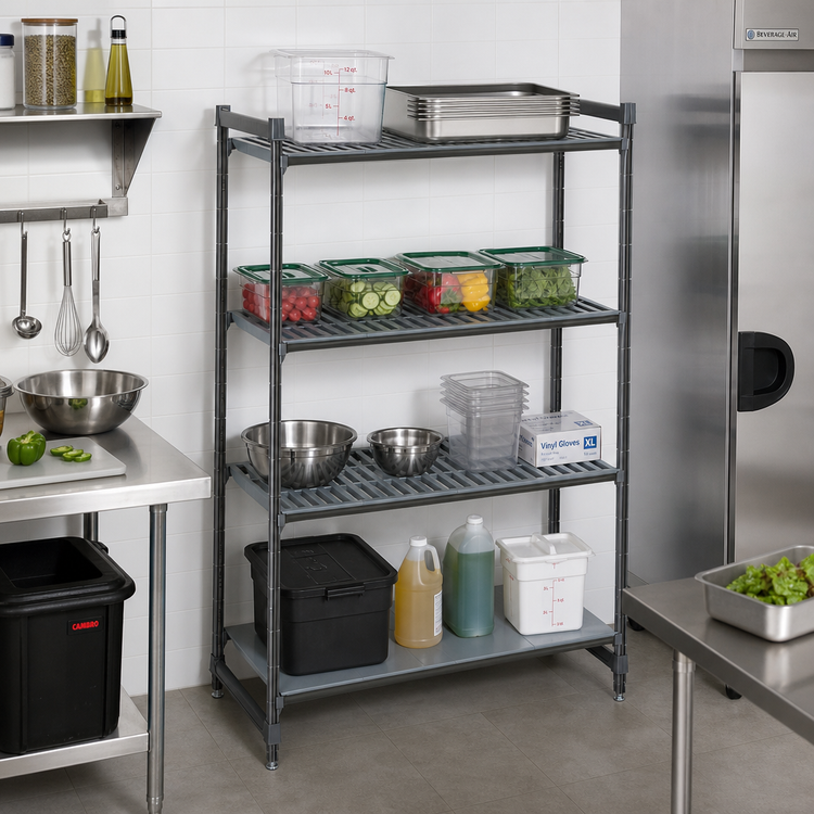 Product image #2 for Cambro Camshelving Basics Plus 4-Tier Stationary Polymer Shelving Starter Unit, 24-Inch Deep x 48-Inch Wide x 64-Inch High, 3 Vented + 1 Solid, Brushed Graphite