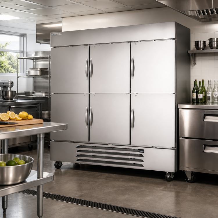 Product image #3 for Beverage-Air Horizon Series Three-Section Reach-In Refrigerator, 70.19 Cu. Ft., Half Solid Doors, Bottom-Mount Self-Contained
