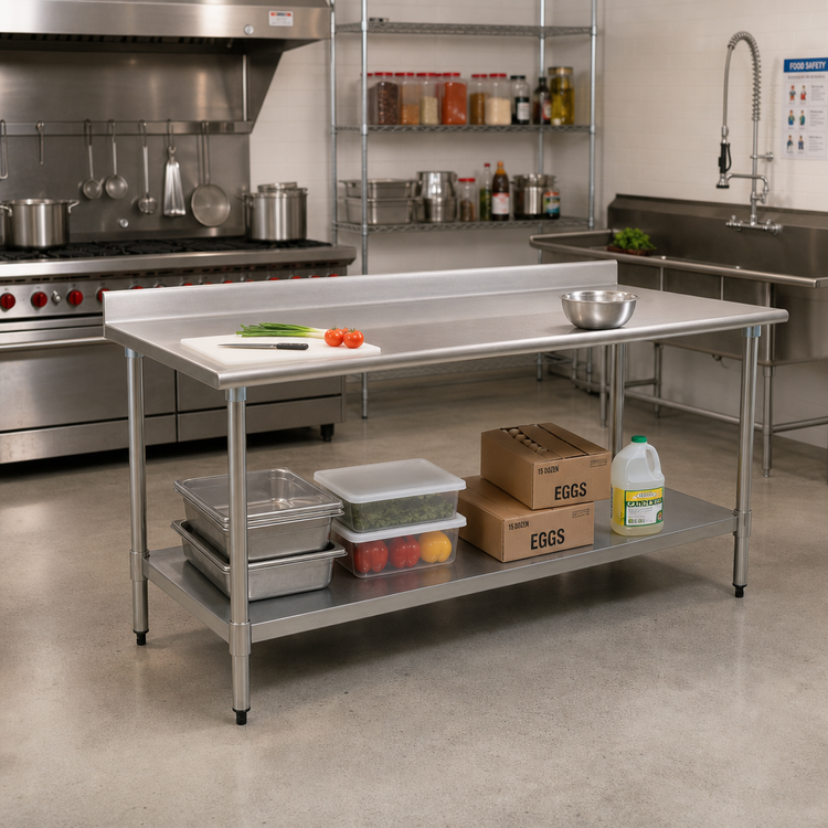 Product image #2 for Eagle Group BlendPort Budget Series 84-Inch x 30-Inch 430 Stainless Steel Work Table with Backsplash and Undershelf