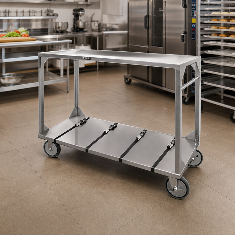 Product image #2 for FWE Open-Side Institutional Stainless Steel Tray Transport Cart with 2 Heavy-Duty Shelves, 4 Straps, and Push Handle