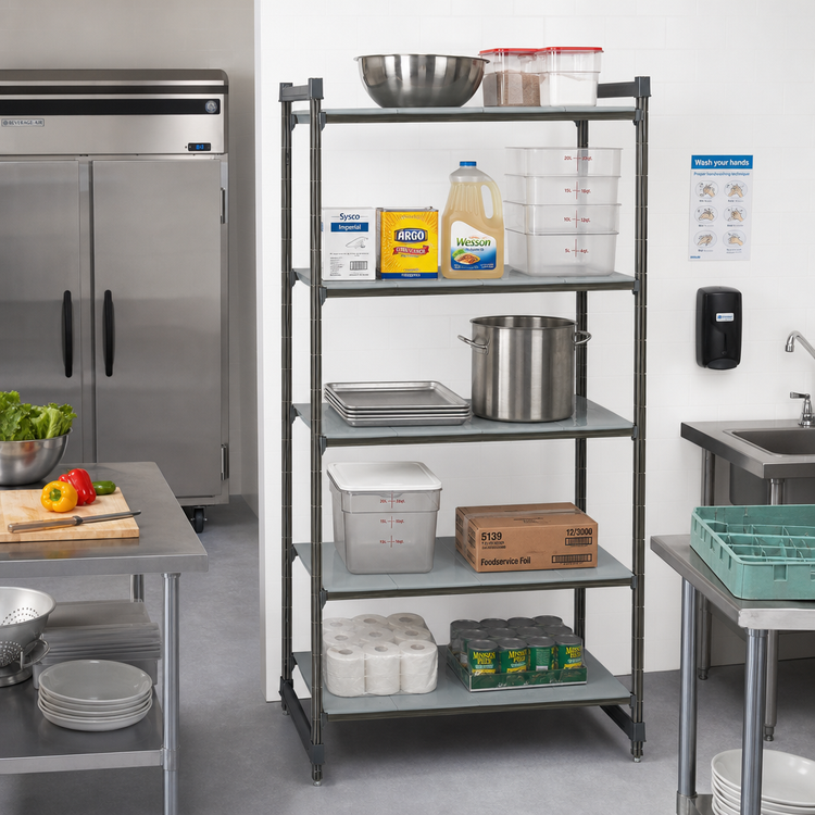 Product image #2 for Cambro Camshelving Basics Plus 5-Tier Stationary Starter Unit, 18 x 36 x 84 Inches, Solid Polymer Shelving, Brushed Graphite