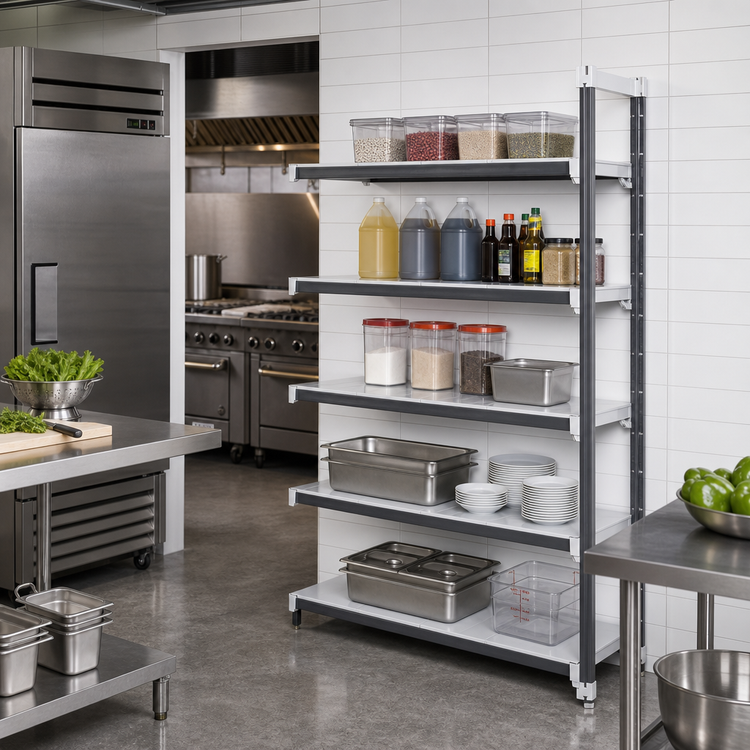 Product image #2 for Cambro Camshelving Elements XTRA Stationary Add-On Polymer Shelving Unit, 24W x 18D x 84H, 5-Tier Solid, Speckled Gray