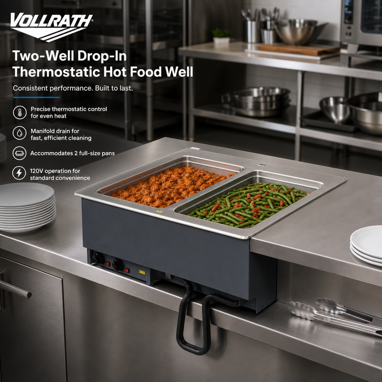 Product image #2 for Vollrath Two-Well Drop-In Thermostatic Hot Food Well, 120V, Manifold Drain, 2 Full-Size Pans