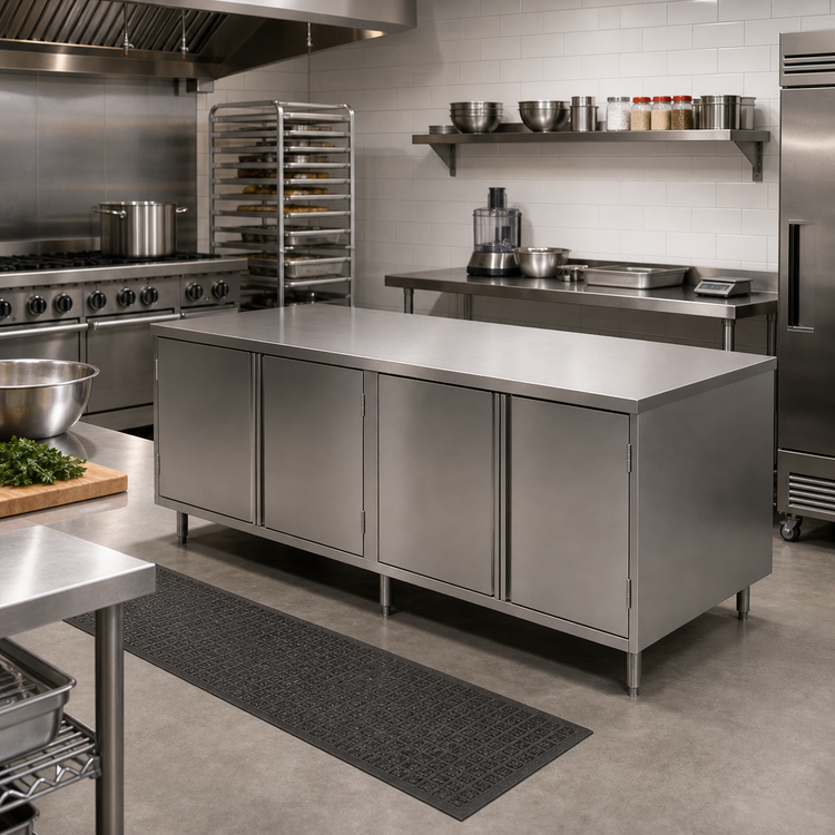 Product image #3 for BK Resources Stainless Steel Dual-Access Chef Table with Locking Hinged Doors, 84 x 30 Inch