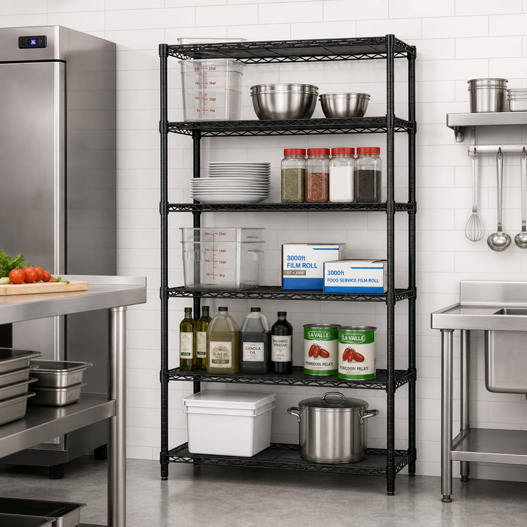 Product image #2 for Quantum 42"W x 21"D x 54"H Stationary Wire Shelving Starter Kit with 5 Shelves, Black Epoxy Antimicrobial Finish