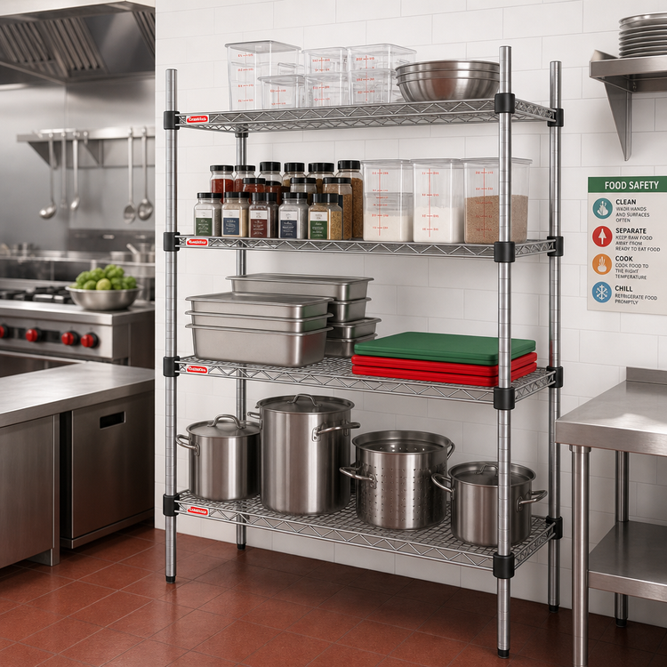 Product image #2 for Quad-Adjust 4-Tier Stationary Wire Shelving Starter Unit, 60"W x 18"D x 74"H, Stainless Steel Finish