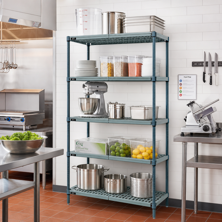 Product image #2 for Quantum 5-Tier Stationary Wire Plastic Mat Shelving Unit, 42 x 21 x 63 Inches, Green Epoxy
