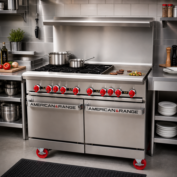 Product image #2 for American Range 48-Inch Gas Restaurant Range with 24-Inch Griddle, 4 Open Burners, and 2 Space Saver Ovens