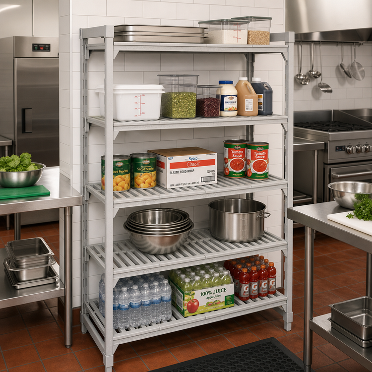Product image #3 for Cambro Camshelving Premium 24" x 48" x 72" 5-Shelf Vented Stationary Starter Polymer Shelving Unit, Speckled Gray