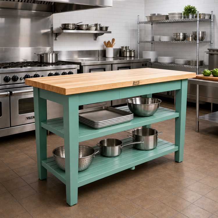 Product image #3 for John Boos Classic Country Edge Grain Maple Wood Top Work Table with Painted Base and Two Slatted Undershelves, 60 x 30 Inches
