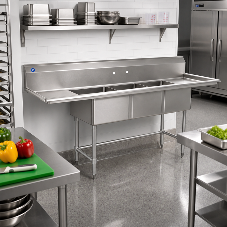 Product image #2 for BlendPort BPFC Series 3-Compartment Sink with Left 18-Inch Drainboard, 18 x 24 Inch Bowls, 16-Gauge 304 Stainless Steel