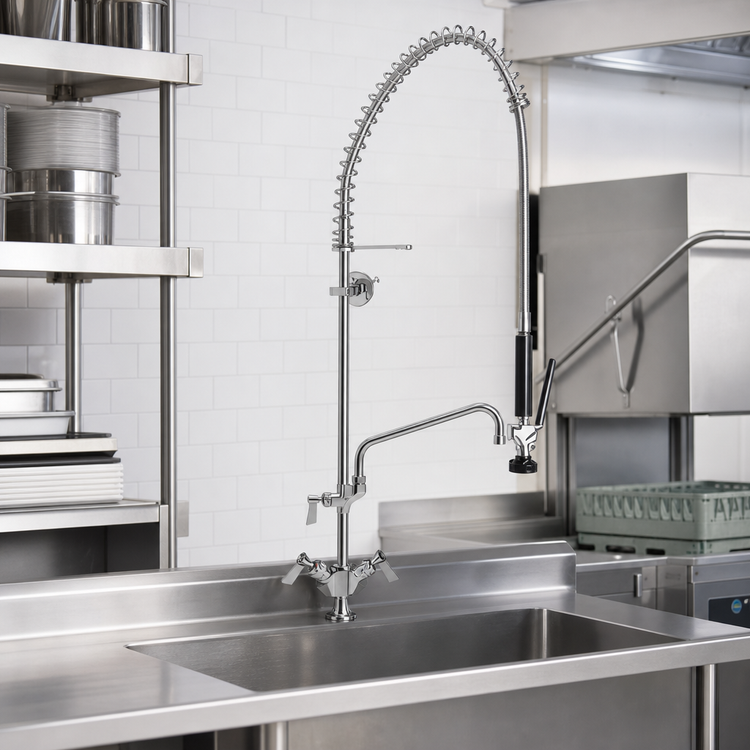 Product image #2 for Fisher Deck-Mount Dual-Control Pre-Rinse Unit with Spring-Action Flexible Gooseneck and 6-Inch Add-On Faucet Spout