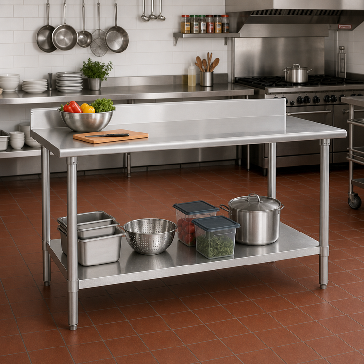 Product image #2 for Deluxe Series Stainless Steel Work Table with Adjustable Undershelf and 4-1/2-Inch Backsplash, 120 x 36 Inches