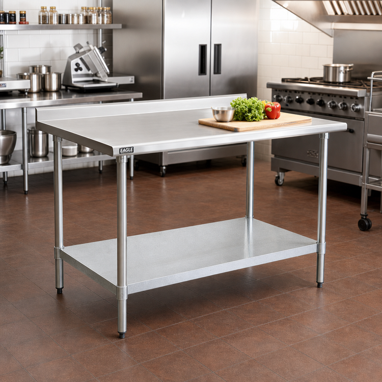 Product image #2 for Eagle Deluxe Series 60"W x 30"D 16-Gauge 300 Series Stainless Steel Work Table with Rear Upturn and Adjustable Galvanized Undershelf