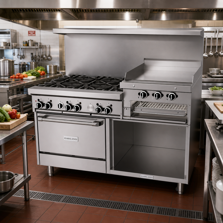 Product image #2 for Garland GFE60-6R24RS Starfire Pro 60" Gas Restaurant Range with 6 Open Burners, 24" Raised Griddle/Broiler, Standard Oven, and Storage Base