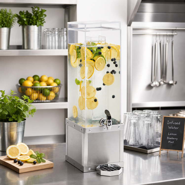Product image #2 for Urban 3 Gallon Square Acrylic Beverage Dispenser with Infusion Chamber and Stainless Steel Base
