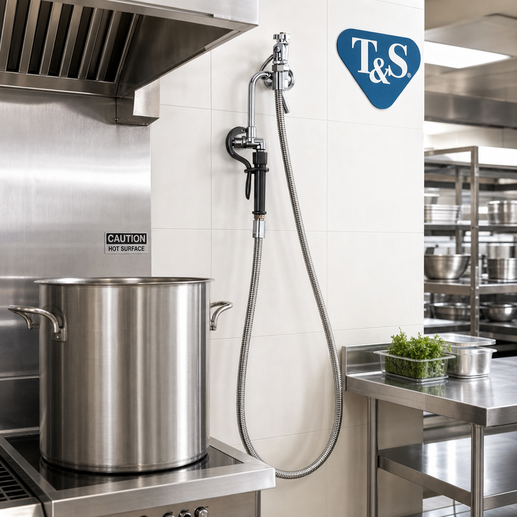 Product image #2 for T&S Brass Wall-Mount Swivel Pot & Kettle Filler Faucet with Hook Nozzle, 36-Inch Stainless Steel Flex Hose, and Vacuum Breaker