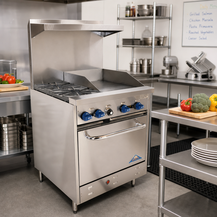 Product image #2 for Comstock-Castle 30-Inch Commercial Gas Range with 2 Open Burners, 18-Inch Griddle, and Standard Oven