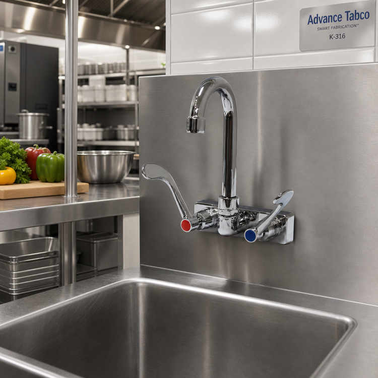 Product image #3 for Advance Tabco K-316 4-Inch O.C. Lead-Free Splash-Mounted Faucet with 3-1/2-Inch Gooseneck Spout and Wrist Handles