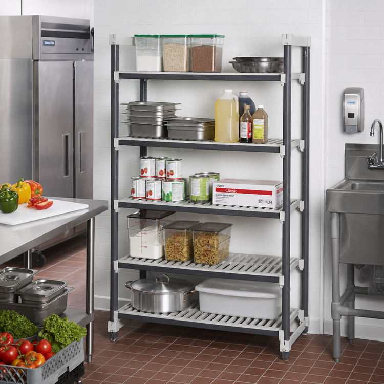 Product image #2 for Cambro Camshelving Elements XTRA 5-Tier Vented Stationary Starter Shelving Unit, 18 x 42 x 72 Inches, Speckled Gray