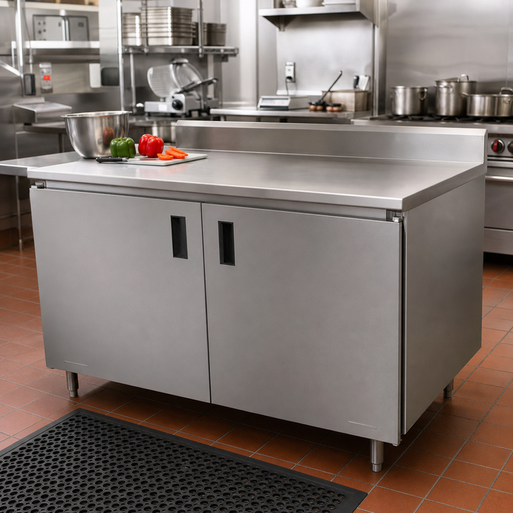 Product image #2 for Advance Tabco Special Value Economy Enclosed Work Table with Sliding Door Cabinet Base, 120 x 30 Inch, 16 Gauge 304 Stainless Steel Top, 5 Inch Backsplash