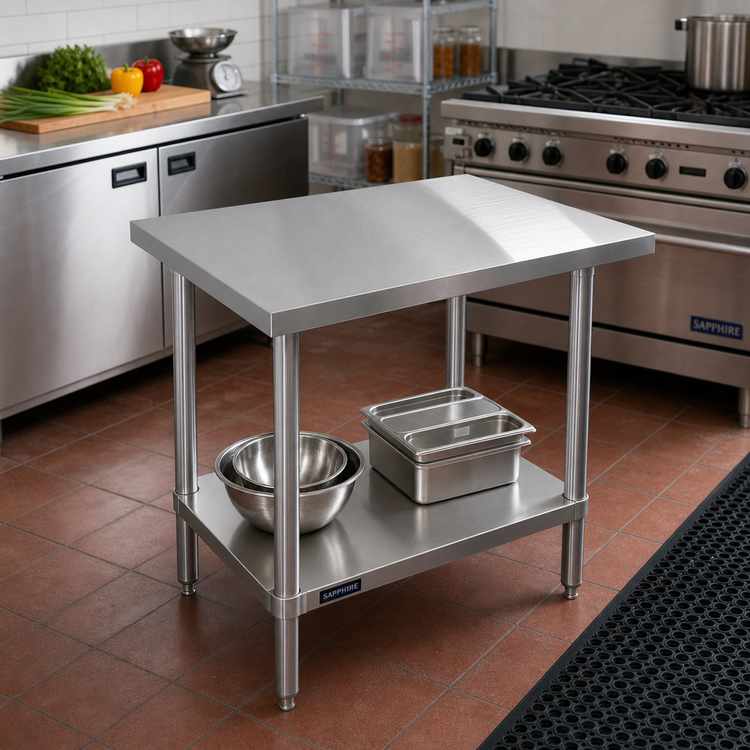Product image #2 for Sapphire 30 Inch x 24 Inch 16-Gauge 304 Stainless Steel Work Table with Adjustable Undershelf and Beveled Square Edge
