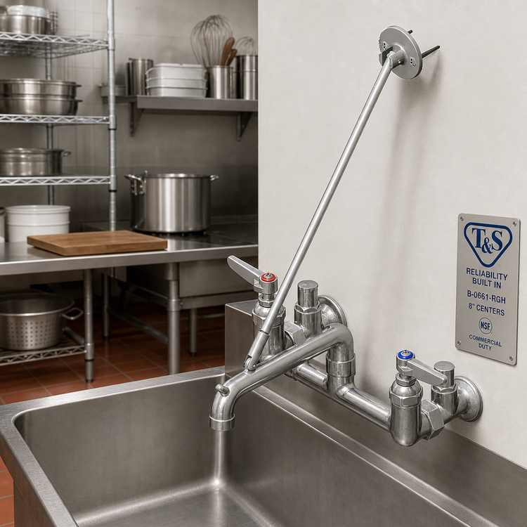 Product image #2 for T&S Brass B-0661-RGH Wall-Mount Service Sink Faucet with Bucket/Pail Hook Spout, 8-Inch Centers, Rough Chrome-Plated Finish