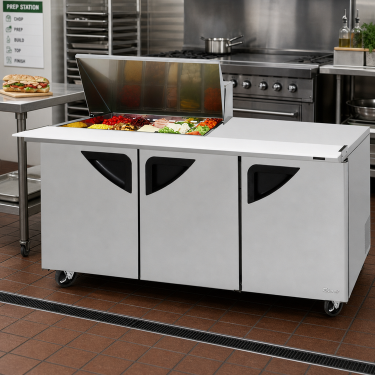 Product image #2 for Turbo Air Super Deluxe 72-5/8 Inch Three-Section Sandwich/Salad Mega Top Refrigerated Prep Table with 15-Pan Opening