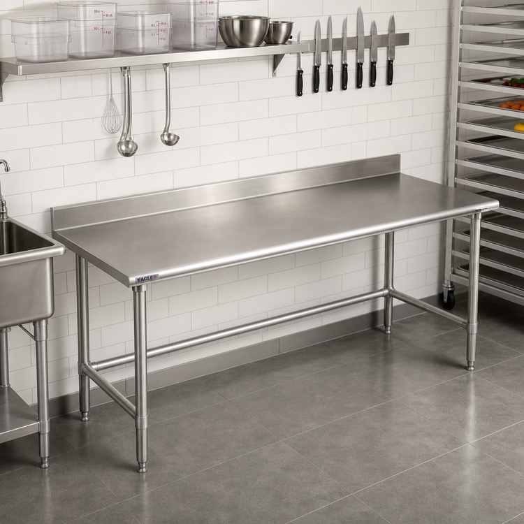 Product image #2 for Eagle Group Budget Series 108-Inch x 30-Inch Stainless Steel Work Table with 4-1/2-Inch Backsplash and Tubular Base