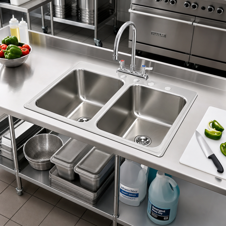 Product image #2 for Advance Tabco Smart Series™ Double Bowl Drop-In Sink, 45-1/2 x 21 Inches, 2 Compartments, 10-Inch Deep Bowls, 18-Gauge 304 Stainless Steel