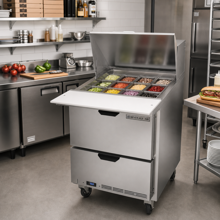 Product image #3 for Beverage Air 27-Inch One-Section Mega Top Refrigerated Prep Table with 2 Drawers and 12-Pan Top