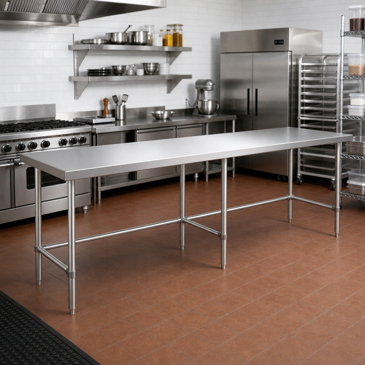 Product image #2 for Sapphire 120-Inch x 24-Inch 18-Gauge 430 Stainless Steel Commercial Work Table with Open Base and 6 Legs