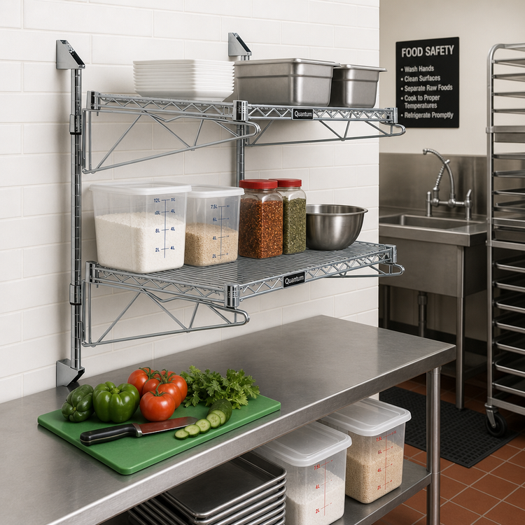 Product image #2 for Quantum Cantilever Double Shelf Wall-Mount Wire Shelving Unit, 42 x 18 Inches, Gray Epoxy Antimicrobial Finish
